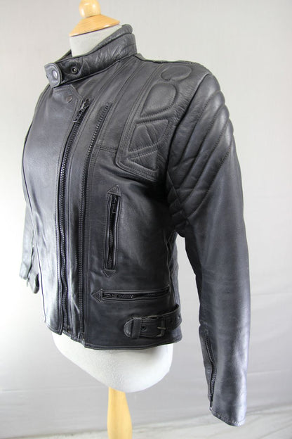 AKITO BLACK LEATHER BIKER JACKET WITH CE BACK ARMOUR: SIZE 10 32-34 INCH CHEST