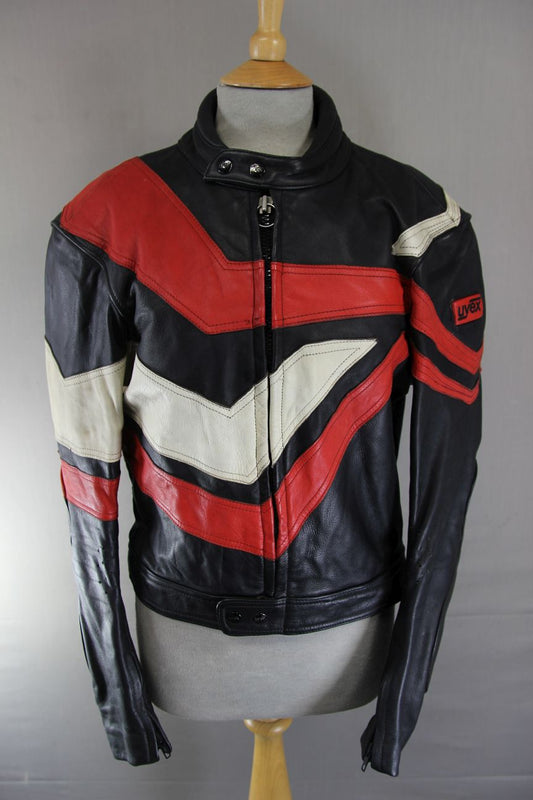 VINTAGE 80'S BLACK, RED & CREAM UVEX SPORTSTYLE LEATHER BIKER JACKET 40-42 INCH