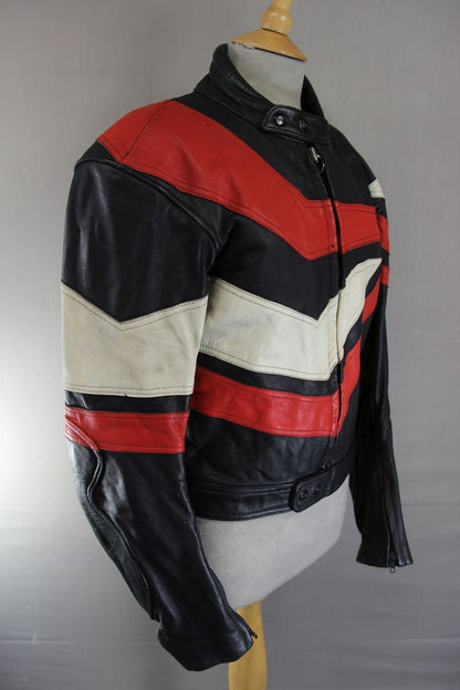 VINTAGE 80'S BLACK, RED & CREAM UVEX SPORTSTYLE LEATHER BIKER JACKET 40-42 INCH