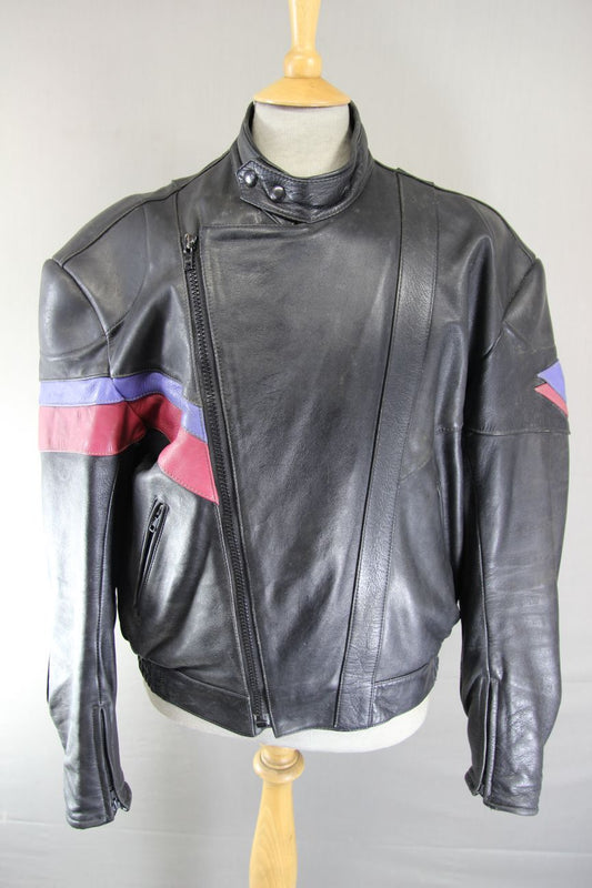 SCHUH VINTAGE 80'S BLACK, LILAC & PINK LEATHER BIKER JACKET 44 INCH CHEST