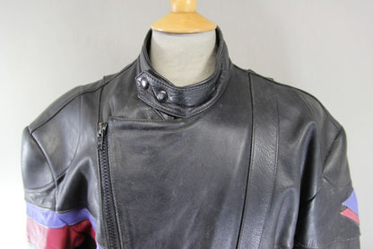 SCHUH VINTAGE 80'S BLACK, LILAC & PINK LEATHER BIKER JACKET 44 INCH CHEST
