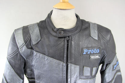 PROTO BLACK & SILVER LEATHER KEVLAR REINFORCED BIKER JACKET WITH PROTECTORS 40IN