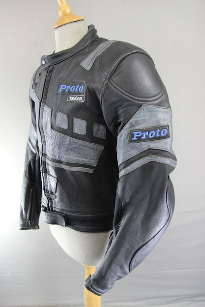PROTO BLACK & SILVER LEATHER KEVLAR REINFORCED BIKER JACKET WITH PROTECTORS 40IN