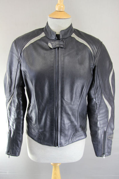 HEIN GERICKE BLACK LEATHER BIKER JKT + BACK, SHOULDER & ELBOW CE ARMOUR: SIZE 10