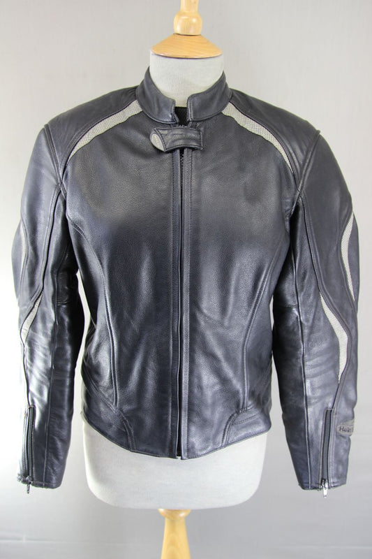 HEIN GERICKE BLACK LEATHER BIKER JKT + BACK, SHOULDER & ELBOW CE ARMOUR: SIZE 10