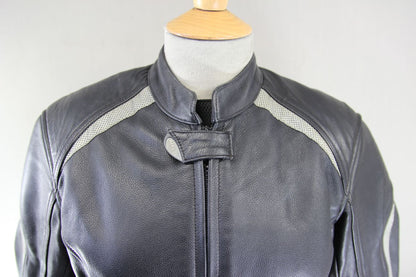 HEIN GERICKE BLACK LEATHER BIKER JKT + BACK, SHOULDER & ELBOW CE ARMOUR: SIZE 10