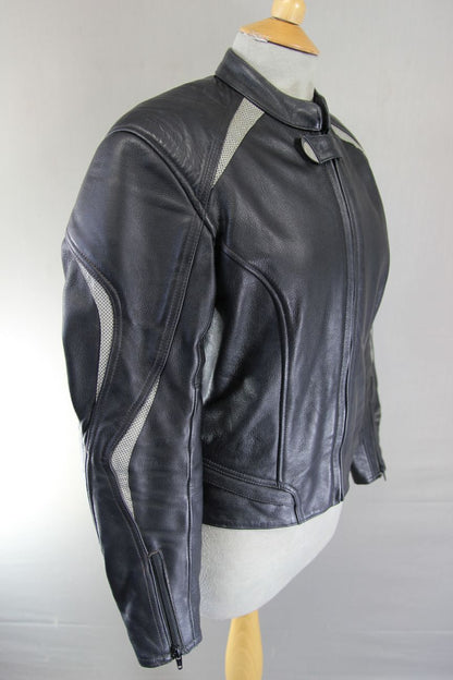 HEIN GERICKE BLACK LEATHER BIKER JKT + BACK, SHOULDER & ELBOW CE ARMOUR: SIZE 10