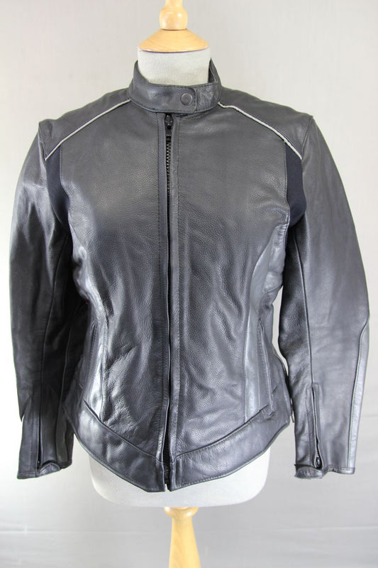 SKINTAN BLACK & SILVER COWHIDE LEATHER BIKER JACKET WITH THERMAL LINING: SIZE 14