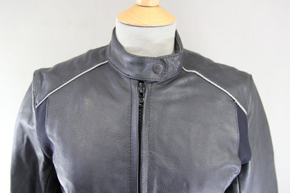 SKINTAN BLACK & SILVER COWHIDE LEATHER BIKER JACKET WITH THERMAL LINING: SIZE 14