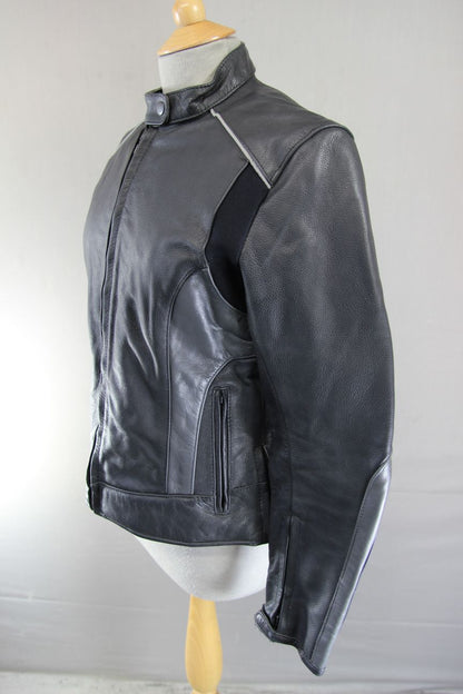 SKINTAN BLACK & SILVER COWHIDE LEATHER BIKER JACKET WITH THERMAL LINING: SIZE 14