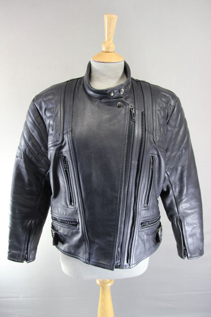 CLASSIC SPORTEX APOLLO BLACK LEATHER BIKER JACKET WITH BACK PROTECTOR: SIZE 16
