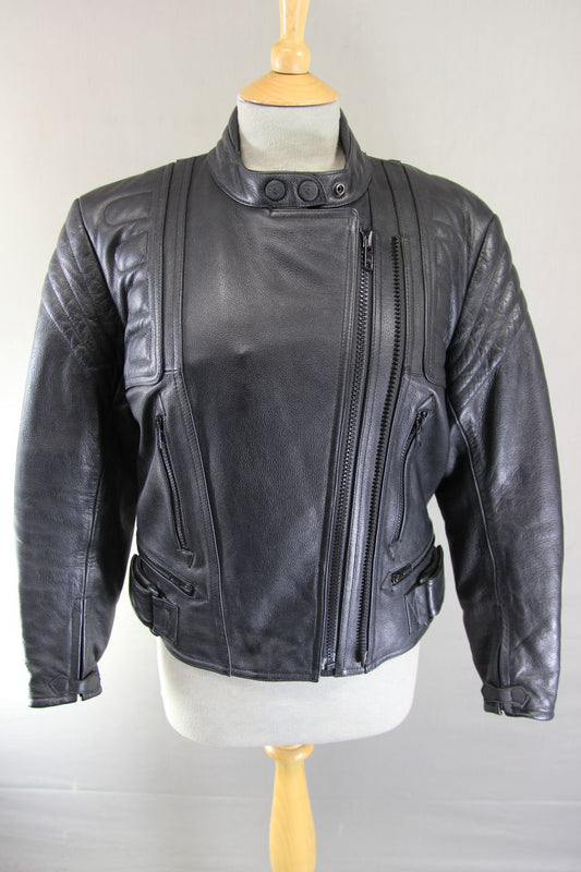 RIDER BLACK LEATHER BIKER JACKET WITH BACK PAD: SIZE 12/34-36"/EUROPEAN SIZE 38
