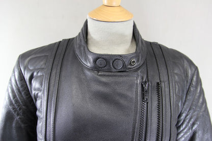 RIDER BLACK LEATHER BIKER JACKET WITH BACK PAD: SIZE 12/34-36"/EUROPEAN SIZE 38