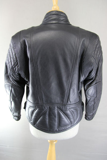 RIDER BLACK LEATHER BIKER JACKET WITH BACK PAD: SIZE 12/34-36"/EUROPEAN SIZE 38