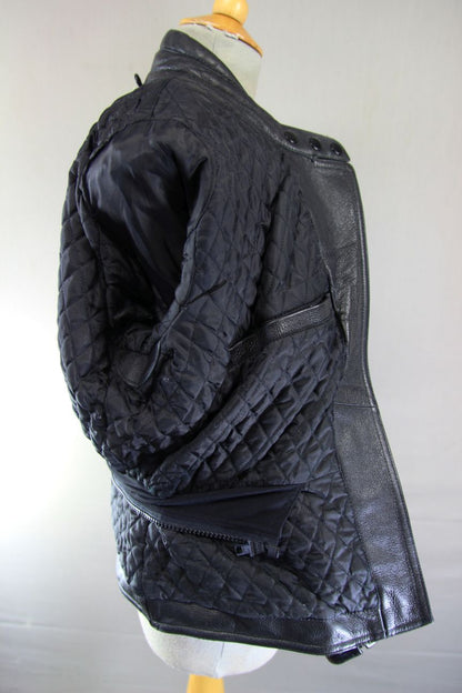 RIDER BLACK LEATHER BIKER JACKET WITH BACK PAD: SIZE 12/34-36"/EUROPEAN SIZE 38