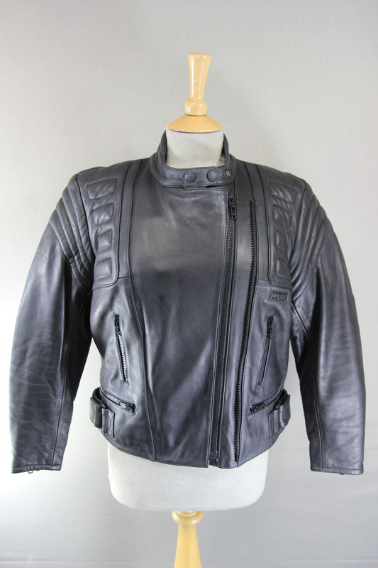 WEISE CLASSIC BLACK LEATHER BIKER JACKET WITH REMOVABLE BACK PROTECTOR: SIZE 12