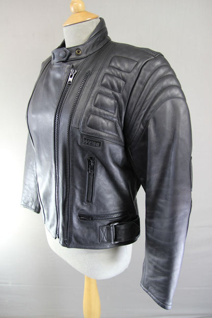 WEISE CLASSIC BLACK LEATHER BIKER JACKET WITH REMOVABLE BACK PROTECTOR: SIZE 12