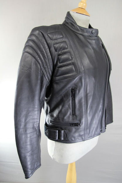 WEISE CLASSIC BLACK LEATHER BIKER JACKET WITH REMOVABLE BACK PROTECTOR: SIZE 12