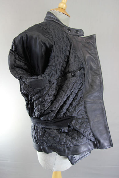 WEISE CLASSIC BLACK LEATHER BIKER JACKET WITH REMOVABLE BACK PROTECTOR: SIZE 12