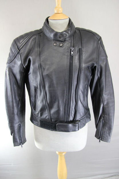 FRANK THOMAS BLACK LEATHER BIKER JACKET WITH REMOVABLE PROTECTORS SIZE 12/34-36"