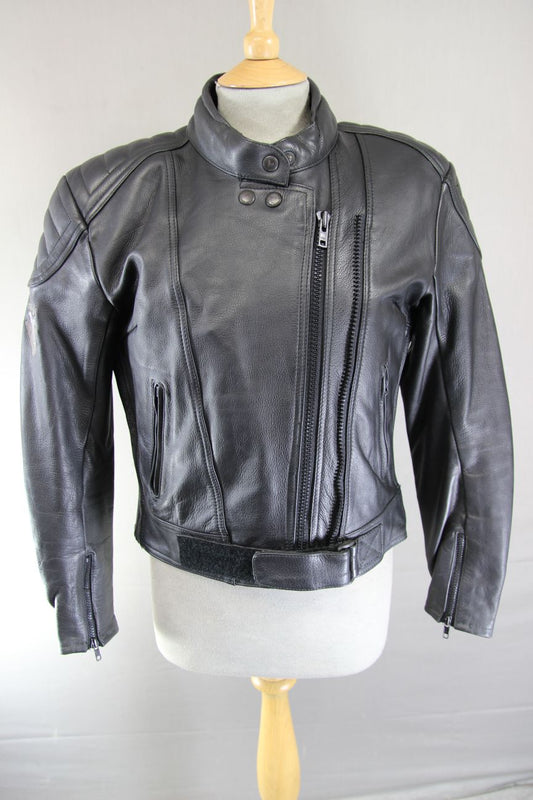 FRANK THOMAS BLACK LEATHER BIKER JACKET WITH REMOVABLE PROTECTORS SIZE 12/34-36"