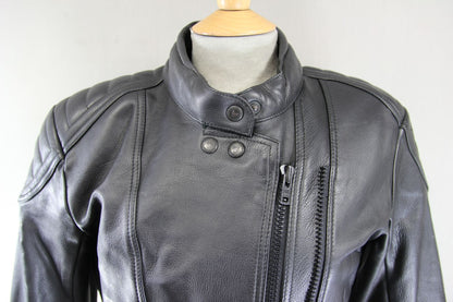 FRANK THOMAS BLACK LEATHER BIKER JACKET WITH REMOVABLE PROTECTORS SIZE 12/34-36"