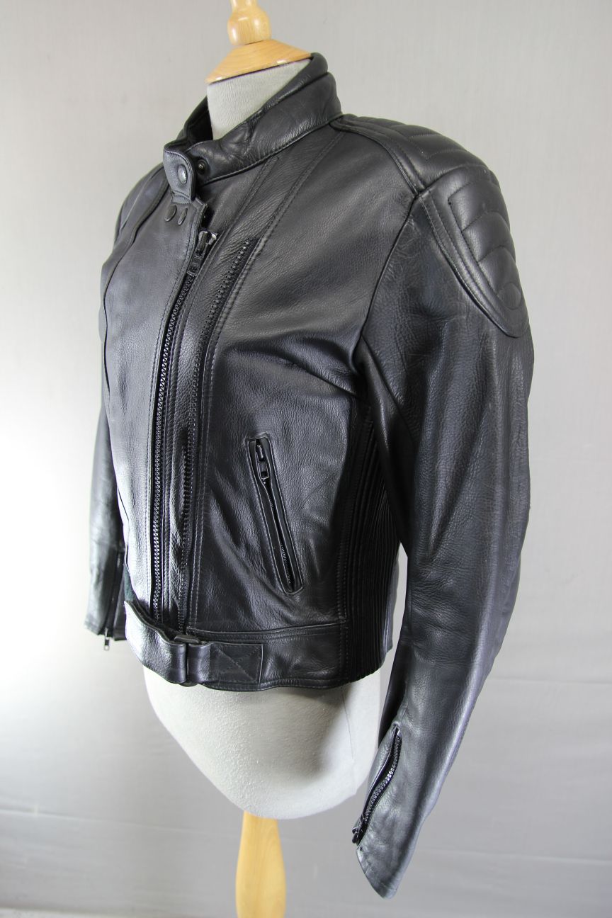 FRANK THOMAS BLACK LEATHER BIKER JACKET WITH REMOVABLE PROTECTORS SIZE 12/34-36"