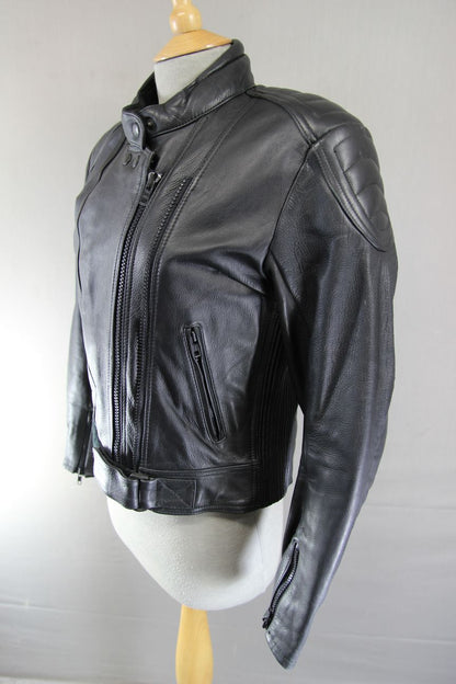 FRANK THOMAS BLACK LEATHER BIKER JACKET WITH REMOVABLE PROTECTORS SIZE 12/34-36"