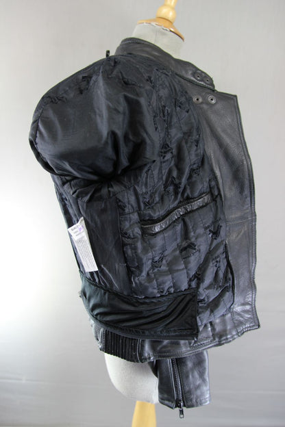 FRANK THOMAS BLACK LEATHER BIKER JACKET WITH REMOVABLE PROTECTORS SIZE 12/34-36"