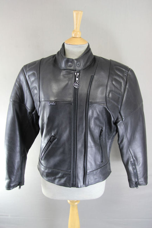 BLACK STEIN LEATHERS BIKER JACKET WITH THERMAL LINING: SIZE 14/36-38 INCH CHEST