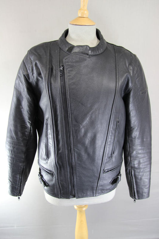 CLASSIC FRANK THOMAS BLACK LEATHER BIKER JACKET WITH BACK PROTECTOR 40 INCH