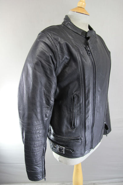 CLASSIC FRANK THOMAS BLACK LEATHER BIKER JACKET WITH BACK PROTECTOR 40 INCH