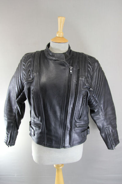 DANNISPORT CLASSIC BLACK COWHIDE LEATHER BIKER JACKET: SIZE 12 34-36 INCH CHEST