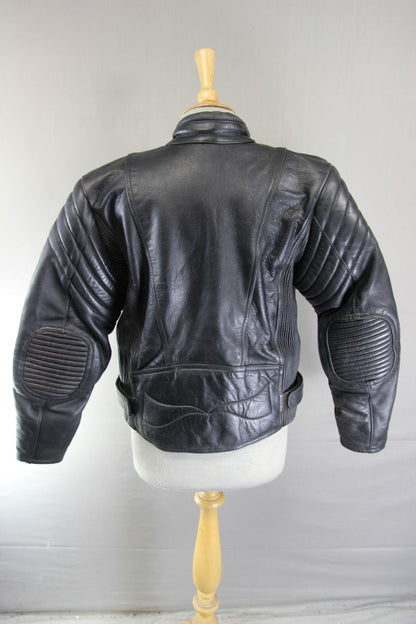 DANNISPORT CLASSIC BLACK COWHIDE LEATHER BIKER JACKET: SIZE 12 34-36 INCH CHEST