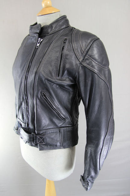 ASHMAN BLACK LEATHER BIKER JACKET WITH BACK, SHOULDER & ELBOW CE ARMOUR: SIZE 12
