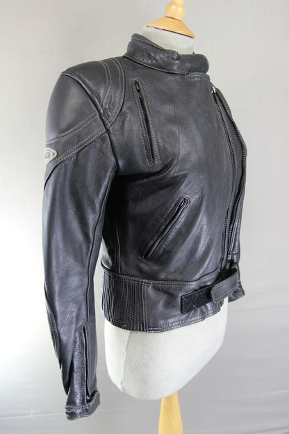 ASHMAN BLACK LEATHER BIKER JACKET WITH BACK, SHOULDER & ELBOW CE ARMOUR: SIZE 12