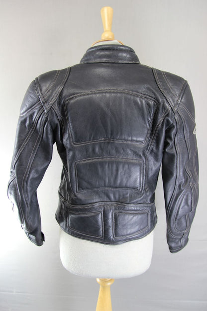 ASHMAN BLACK LEATHER BIKER JACKET WITH BACK, SHOULDER & ELBOW CE ARMOUR: SIZE 12