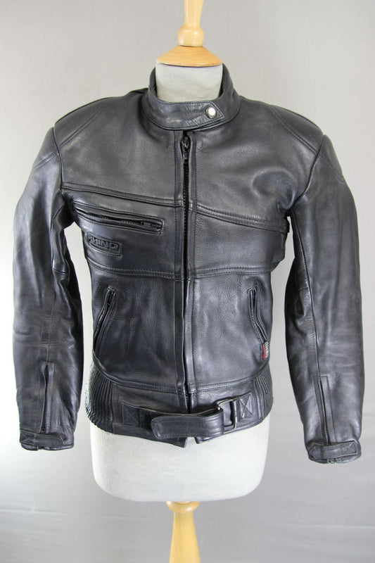 RHINO BRITISH DESIGNED BLACK COWHIDE LEATHER BIKER JACKET + PROTECTORS: SIZE 10