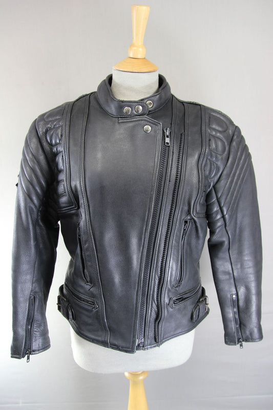 AKITO MERCURY PLUS BLACK LEATHER BIKER JACKET WITH BACK PROTECTOR: SIZE 14