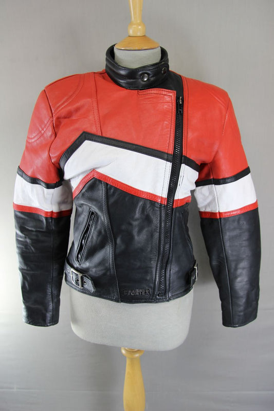 VINTAGE 1980's SPORTEX BLACK, RED AND WHITE COMBI LEATHER BIKER JACKET 34 INCH