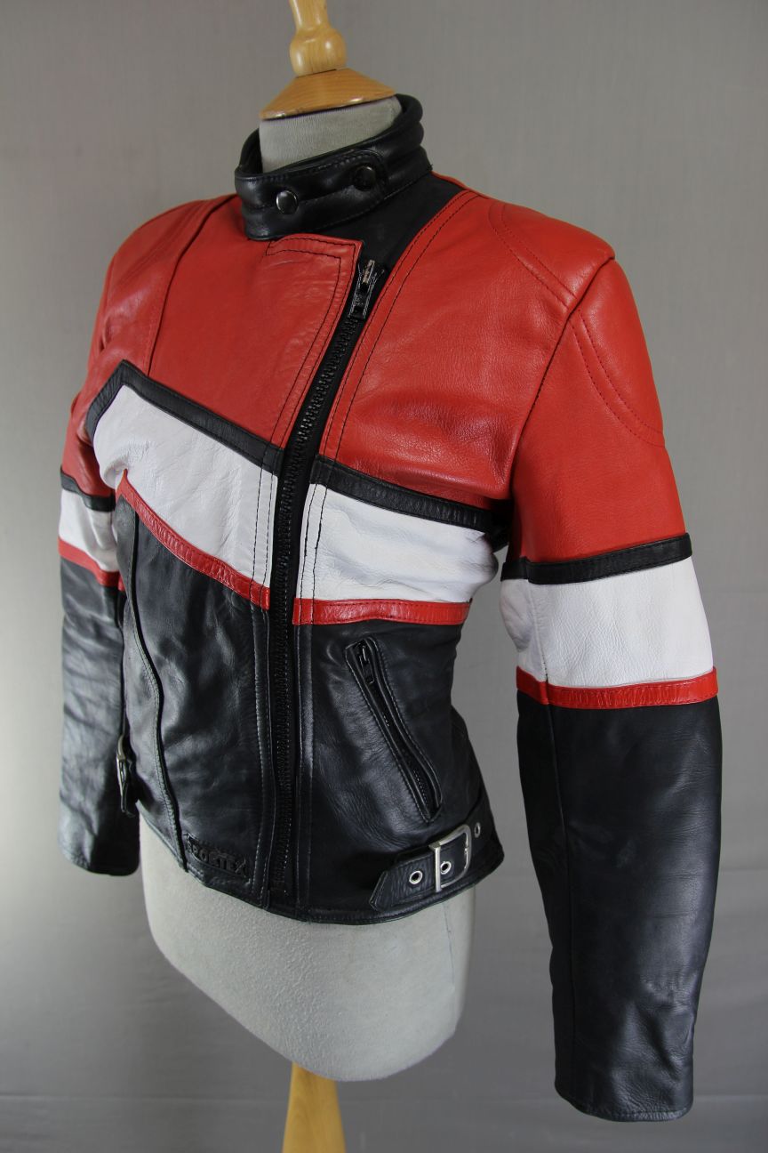 VINTAGE 1980's SPORTEX BLACK, RED AND WHITE COMBI LEATHER BIKER JACKET 34 INCH
