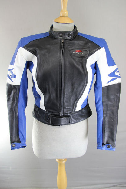 SPYKE BLACK, BLUE & WHITE LEATHER BIKER JACKET WITH CE ARMOUR 32-34 INCH