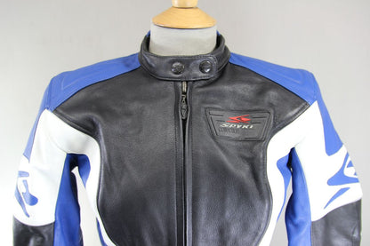SPYKE BLACK, BLUE & WHITE LEATHER BIKER JACKET WITH CE ARMOUR 32-34 INCH