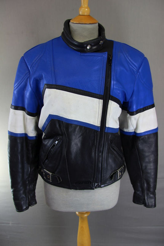 VINTAGE 1980's SPORTEX BLACK, BLUE AND WHITE COMBI LEATHER BIKER JACKET SIZE 10