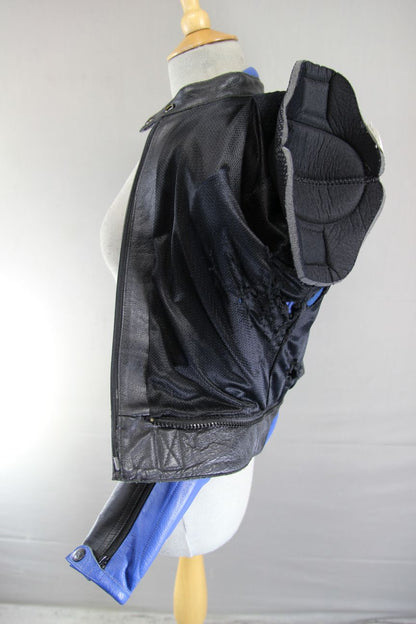 SPYKE BLACK, BLUE & WHITE LEATHER BIKER JACKET WITH CE ARMOUR 32-34 INCH
