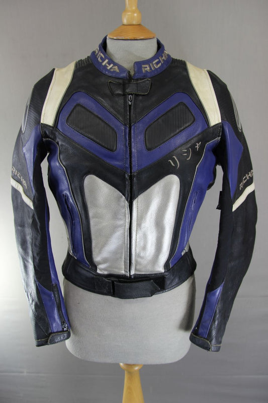 RICHA BLACK, BLUE & SILVER LEATHER BIKER JCKT + CE ARMOUR/THERMAL LINING SIZE 10
