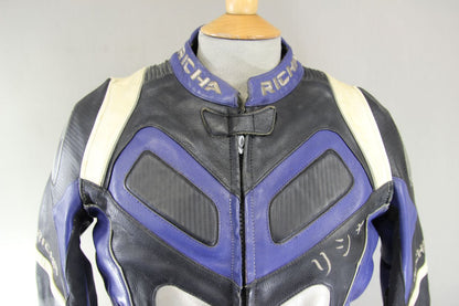 RICHA BLACK, BLUE & SILVER LEATHER BIKER JCKT + CE ARMOUR/THERMAL LINING SIZE 10