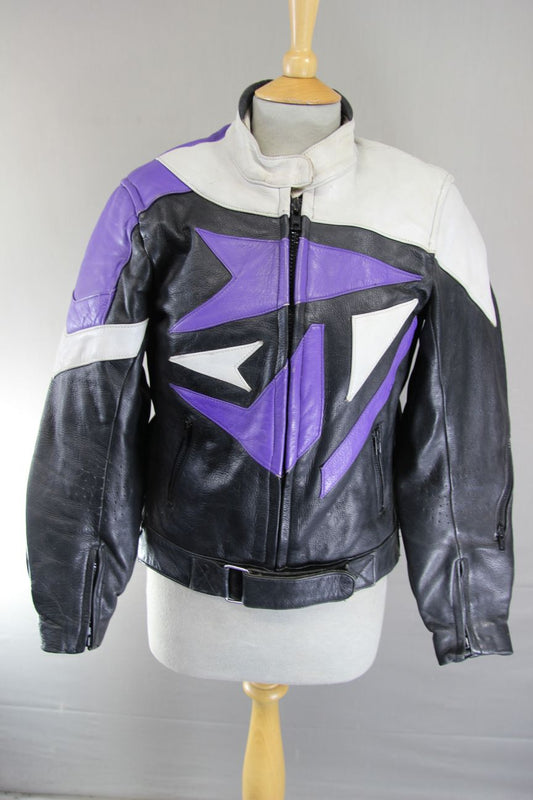 VINTAGE J&S BLACK, PURPLE & GREY LEATHER BIKER JACKET + BACK PROTECTOR: SIZE 10