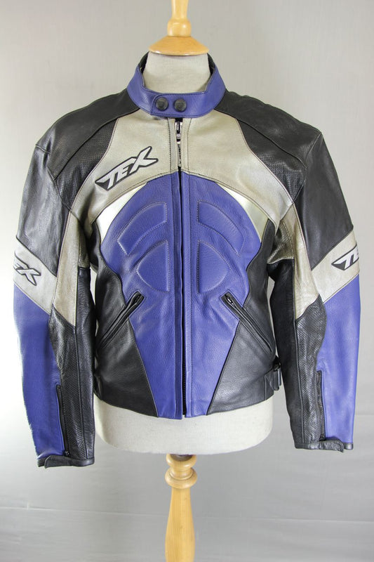 TEXPORT BLACK, BLUE & SILVER LEATHER BIKER JACKET WITH CE ELBOW ARMOUR 40 INCH