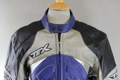 TEXPORT BLACK, BLUE & SILVER LEATHER BIKER JACKET WITH CE ELBOW ARMOUR 40 INCH